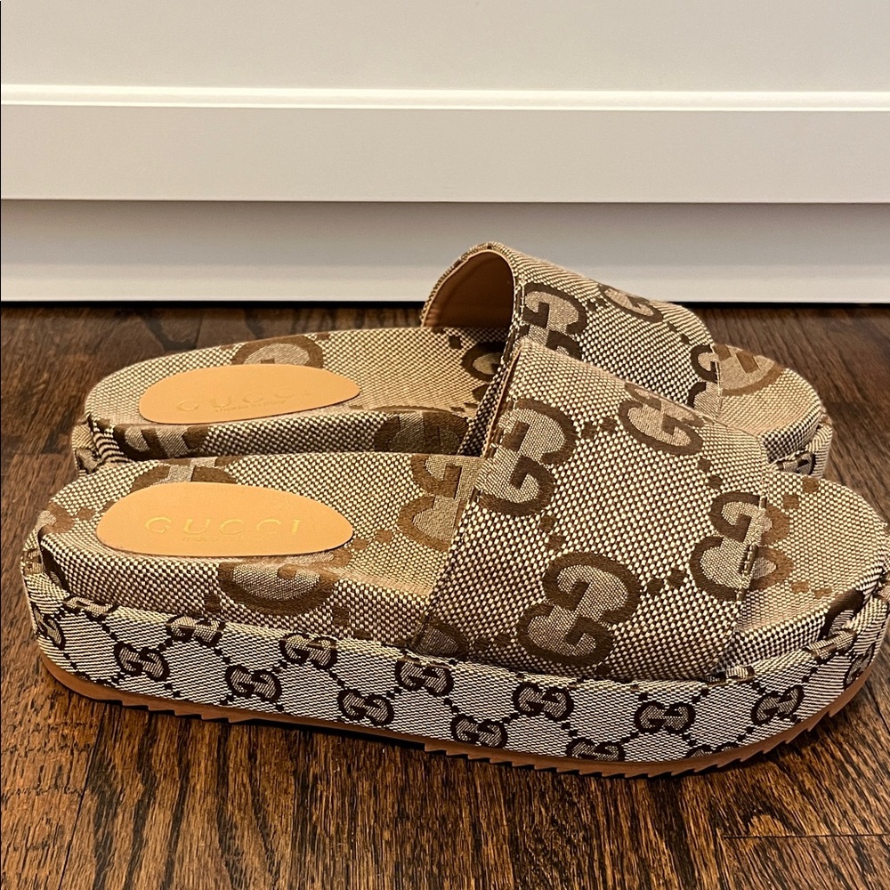 Gucci Tan and Brown Logo Platform Sandals